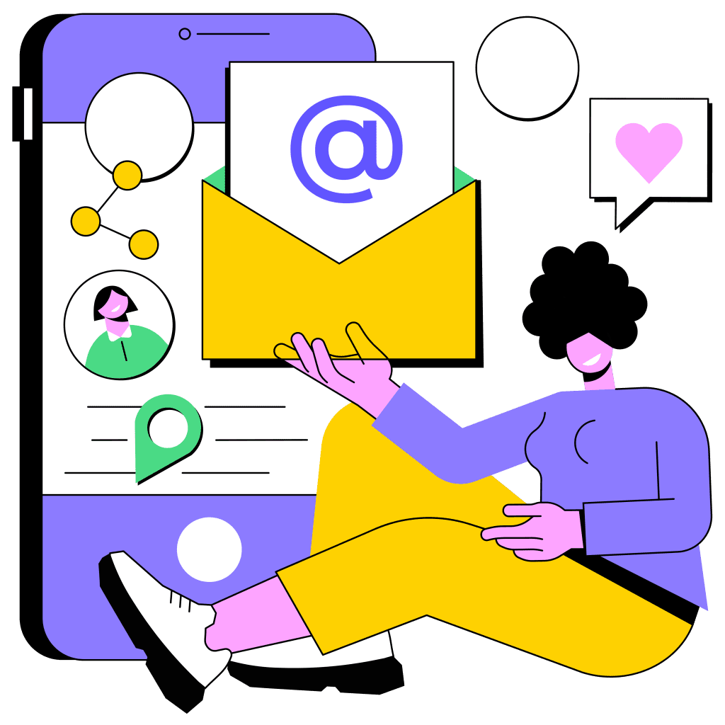 Person holding the email icon with a big phone in the background with theme colors yellow and purple