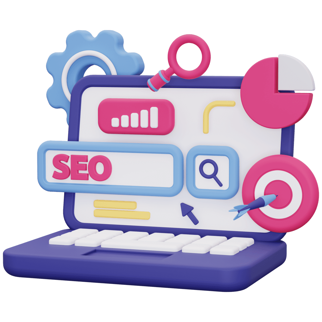 Website showcasing seo and icons in a full laptop colored purple, pink and white.